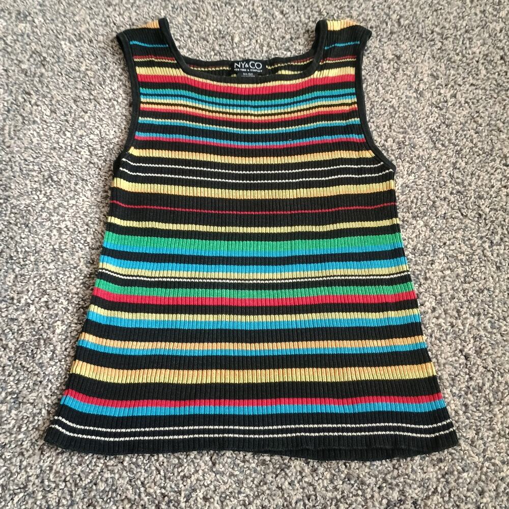 New York Co Vintage Y2K 2000 Silk Rainbow Striped Tank Top Ribbed Preppy Medium